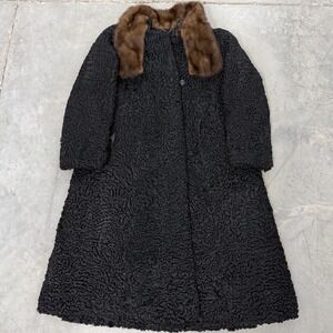Vintage Persian Lamb Fur Coat Womens L Black Excellent Mink Collar Astrakhan